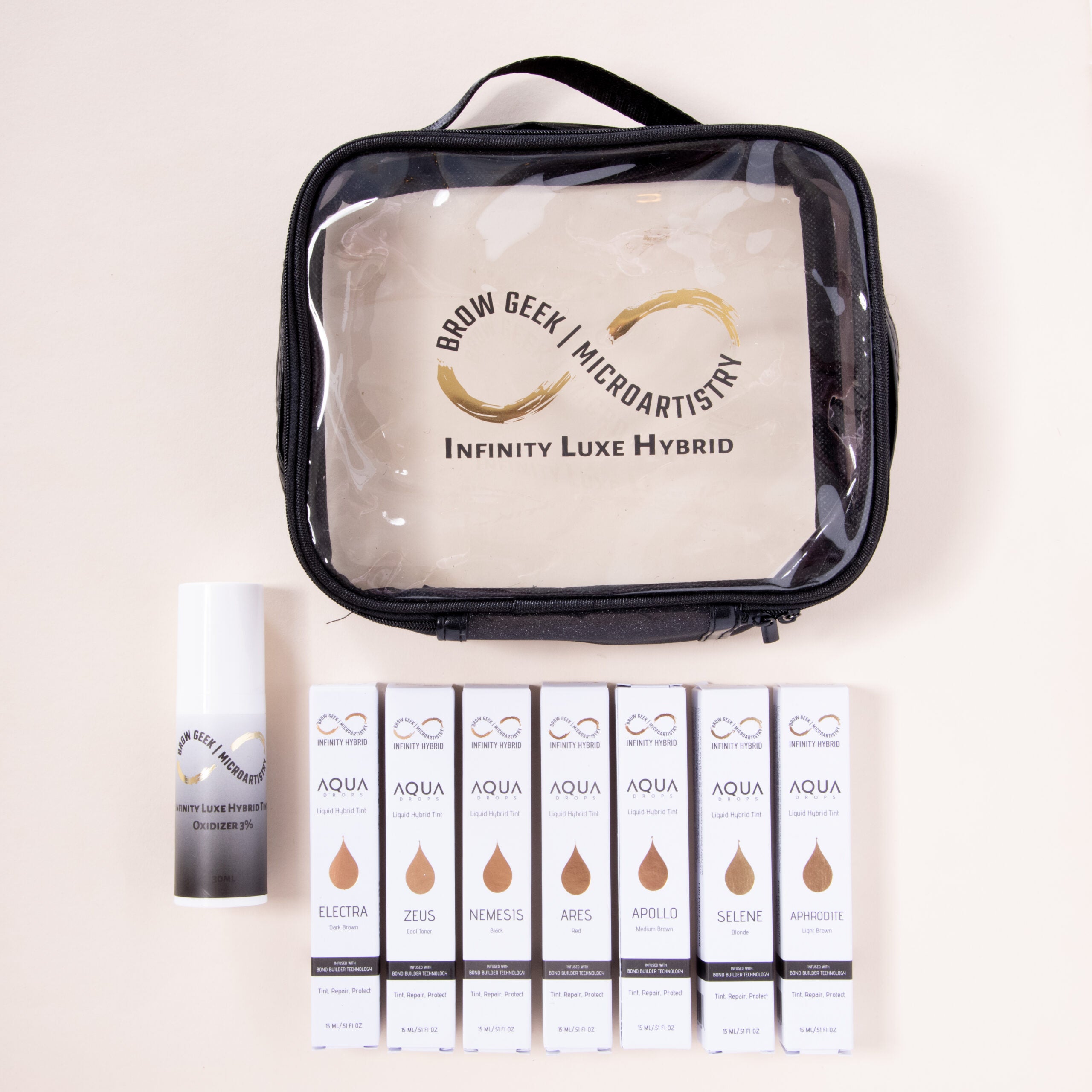Infinity Aqua Drops Kit, hybrid brow stain kit, liquid brow tint, bond-building brow, henna-free tint, vegan brow stain, long-lasting brow color, brow lamination compatible, peptide tint, salon tint kit
