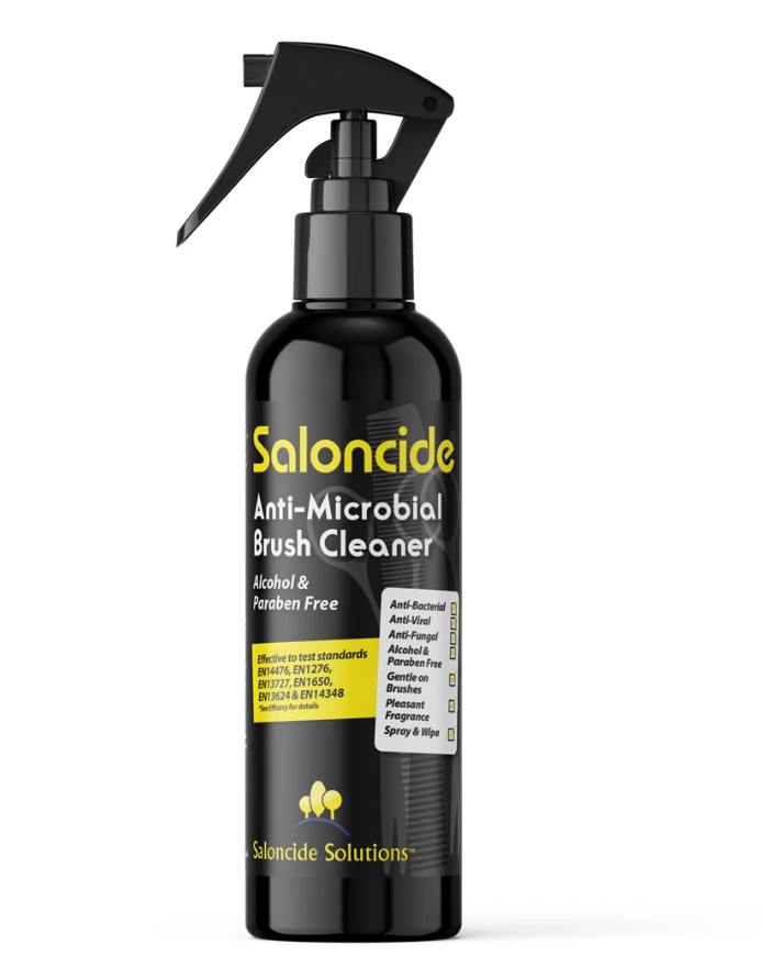 saloncide, brush cleaner, anti-microbial spray, tool sanitation, salon hygiene, brush disinfection, professional beauty supplies, makeup brush cleaner, clean tools, salon safety