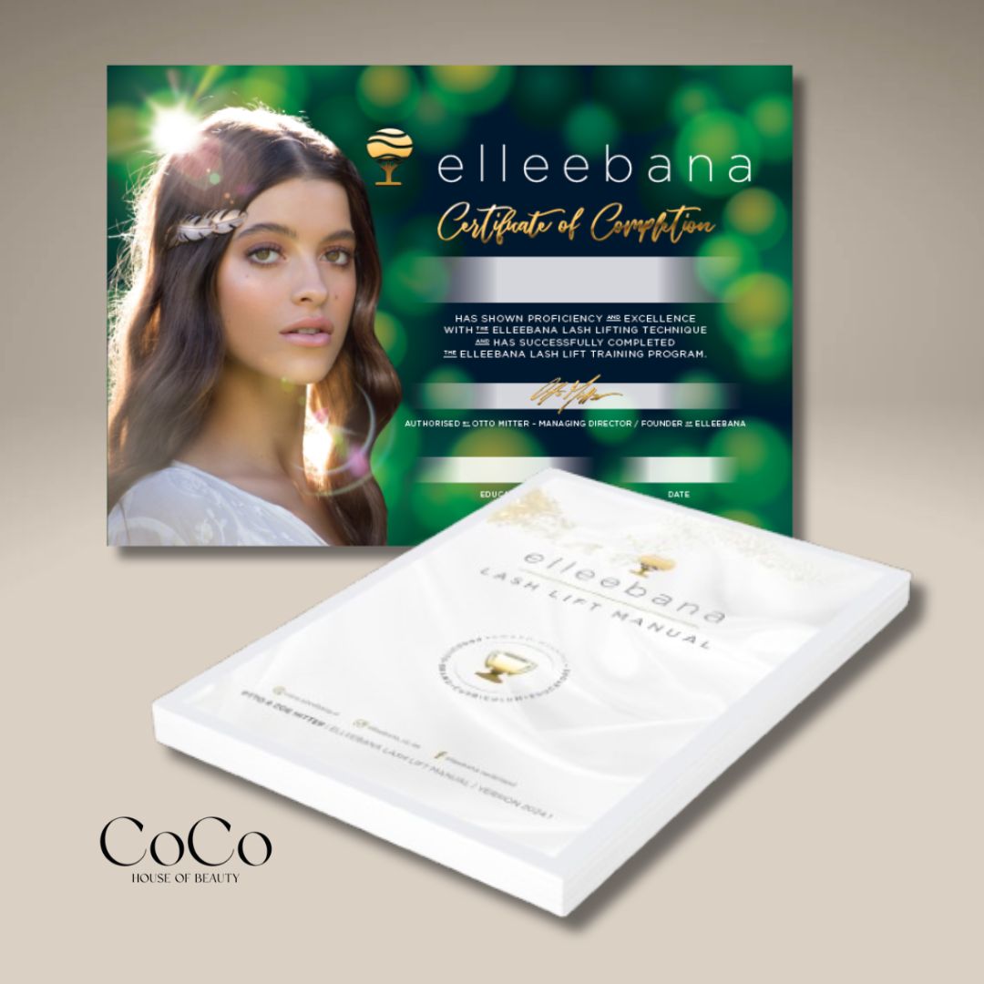 Elleeebana Training Book and Certificate, Elleebana Trainer Manual, lash lift training material, brow lamination training kit, trainer resources, official training certificate, professional lash course, brow education tools, Elleebana trainers, beauty training supplies